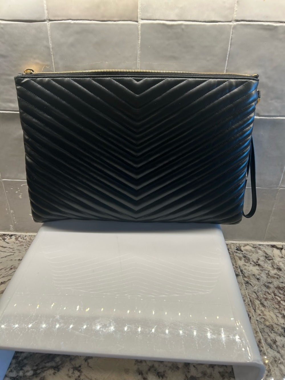 Yves Saint Laurent Black Quilted Chevron Leather Clutch with Gold Logo - Picture 3 of 4